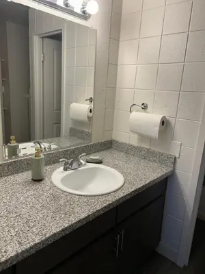 a bathroom with a sink and a mirror at Cozy 1 bedroom apartment near downtown Cincinnati in Cincinnati