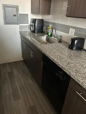 a kitchen with a sink and a counter top at Cozy 1 bedroom apartment near downtown Cincinnati in Cincinnati