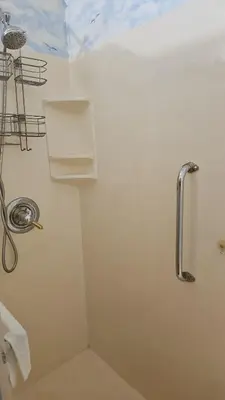 a bathroom with a shower with a toilet and a sink at Spacious Family Retreat with ADA Ramp and ADA bathroom in Maumee