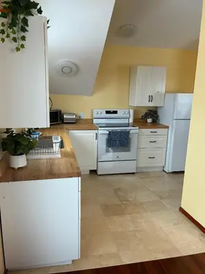 a kitchen with white appliances and white cabinets at Aniyor Apartment Loft