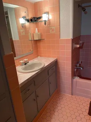 a bathroom with a sink and a mirror and pink tiles at Cozy Apartment w Garage in Salem