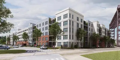 a rendering of a white building on a city street at Landing Stylish 1BD Gym Courtyard in Cleveland