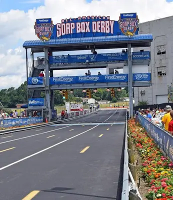 an empty road with a sign for a super bike derby at Akron 2 Bed 1 Bath Flight Themed Oasis Dog Friendly in Akron