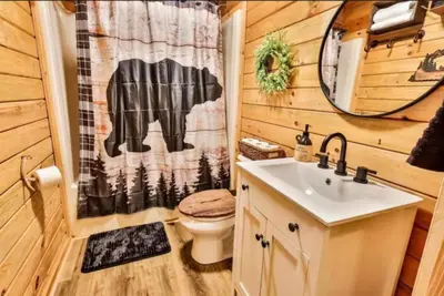 a bathroom with a toilet and a sink and a shower at Timber Ridge Cabin in Louisa