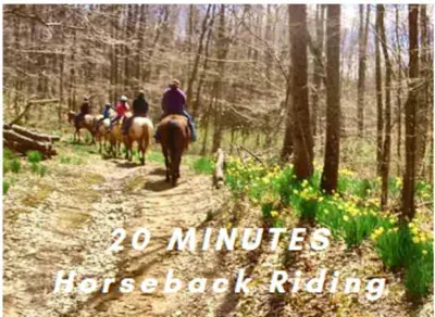 a group of people riding horses on a trail in the woods at Romantic Logan Cabin with Private Year Round Hot Tub Near Hocking Hills in Logan