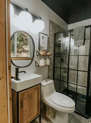a bathroom with a toilet and a sink and a mirror at Hillside Haven Treehouse Cabin in Rockbridge