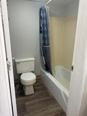 a bathroom with a toilet and a bath tub at Tecumseh Inn & Suites in Tecumseh