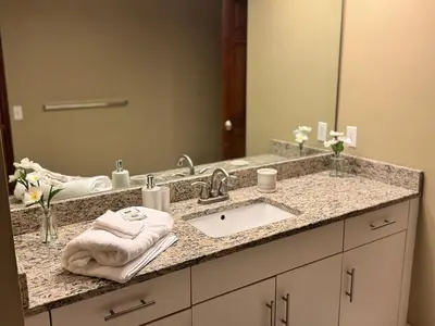 a bathroom counter with a sink and a mirror at Luxury 5BR Estate: Media Room & Golf | Sleeps 14 in Sylvania
