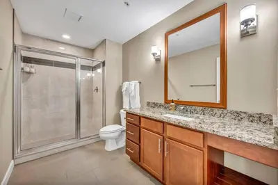 a bathroom with a shower and a sink and a toilet at LAKE VIEWS | Paid Parking | Downtown | Gym in Cleveland