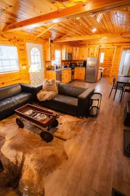a living room with a black leather couch in a cabin at Deer Run Retreat Villa in Bidwell