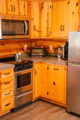 a kitchen with wooden cabinets and stainless steel appliances at Deer Run Retreat Villa in Bidwell