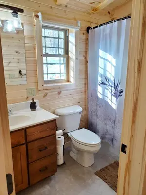 a bathroom with a toilet and a sink and a window at Ace of Hearts in Rockbridge