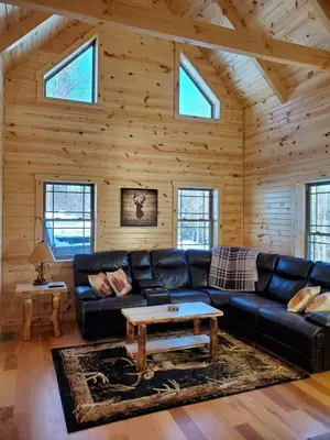 a living room with a leather couch and a table at Ace of Hearts in Rockbridge