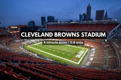 a view of a football stadium with red seats at 16th Floor Downtown High-Rise | Paid Parking & Gym in Cleveland