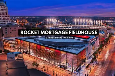 a building with a sign that reads rocket mortgage fieldhouse at Central Downtown Flat near Attractions and more! in Cleveland