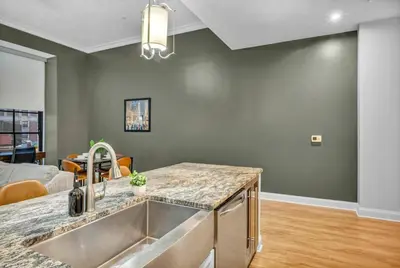 a kitchen with a sink and a living room at Warm and Cozy Downtown Flat: Paid Parking in Cleveland
