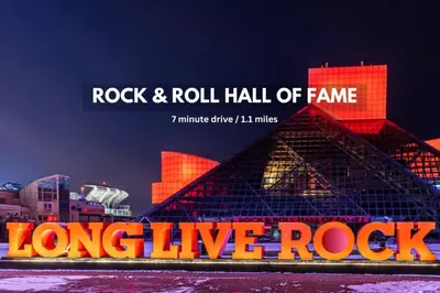 a picture of a rock and roll hall of fame with buildings at The Halle Downtown 2BD | Parking/Gym/Security in Cleveland