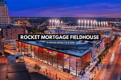 a building with a sign that reads rockett mortgage fieldhouse at Sophisticated Downtown Loft | Parking & Gym in Cleveland