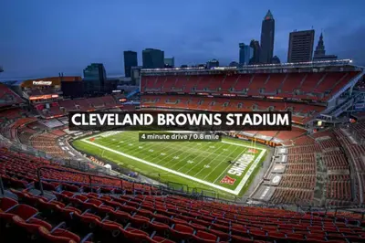 a view of a football stadium with red seats at Elegant Downtown Condo • Fitness Gym Included in Cleveland