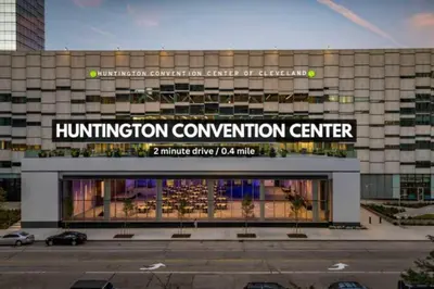 a building with a sign that reads humiliation convention center at Downtown Luxury Condo | Parking•Security•Gym in Cleveland