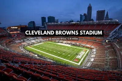 a view of a stadium with a football field at Urban Industrial Penthouse | Game Room Pool Table in Cleveland