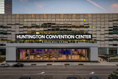 a building with a sign that reads huntington convention center at Urban Industrial Penthouse | Game Room Pool Table in Cleveland