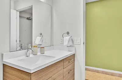 a bathroom with a white sink and a mirror at The Dirty Martini Den Classic style Extra Dirty in Cleveland