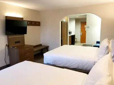 a hotel room with two beds and a mirror at Holiday Inn Express & Suites Harrison by IHG in Harrison