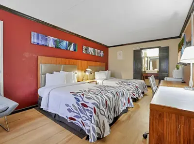 a hotel room with two beds and a red wall at Red Roof Inn Uhrichsville in Uhrichsville