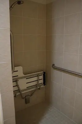 a bathroom with a shower stall with a hand rail at Sleep Inn Ellenboro Hwy 50 in Ellenboro