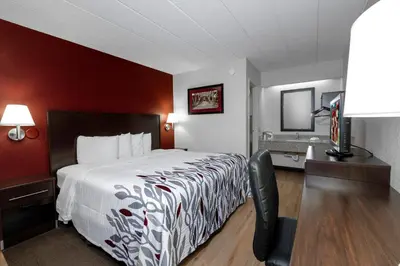 a hotel room with a bed and a desk at Red Roof Inn Cleveland - Medina in Medina