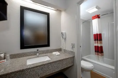 a bathroom with a sink and a toilet and a mirror at Red Roof Inn Cleveland - Medina in Medina