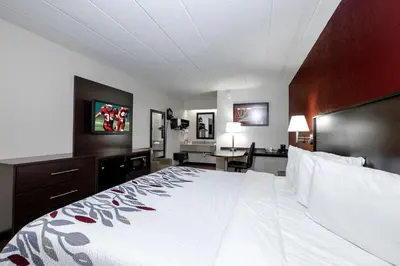 a bedroom with a large white bed and a desk at Red Roof Inn Cleveland - Medina in Medina