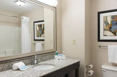 a bathroom with a sink and a mirror at Holiday Inn Express Gas City by IHG in Gas City
