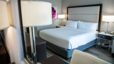 a hotel room with a bed and two lamps at Holiday Inn Wilmington by IHG in Gurneyville