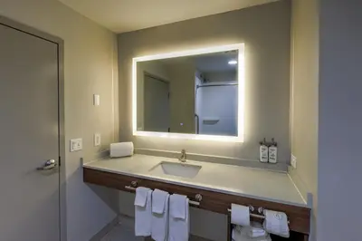 a bathroom with a sink and a large mirror at Holiday Inn Express & Suites Shelbyville Indianapolis by IHG in Shelbyville