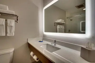 a bathroom with a sink and a large mirror at Holiday Inn Express Georgetown by IHG in Georgetown