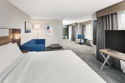 a hotel room with a bed and a flat screen tv at Holiday Inn Express Hotel & Suites Youngstown - North Lima/Boardman by IHG in North Lima
