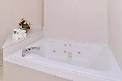 a white bath tub with a sink in a bathroom at Holiday Inn Express Hotel & Suites Madison by IHG in Madison