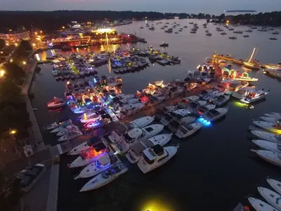an aerial view of a marina at night with boats at Put-in-Bay Island Club #13 in Put-in-Bay