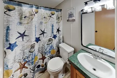 a bathroom with a toilet and a sink and a shower curtain at Put-in-Bay Island Club #101 in Put-in-Bay