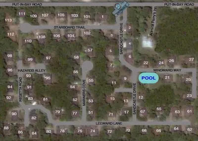 a map of a parking lot with a pool sign at Put-in-Bay Island Club #113 in Put-in-Bay