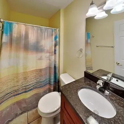 a bathroom with a toilet and a sink and a shower at Put-in-Bay Poolview Condo #3 in Put-in-Bay