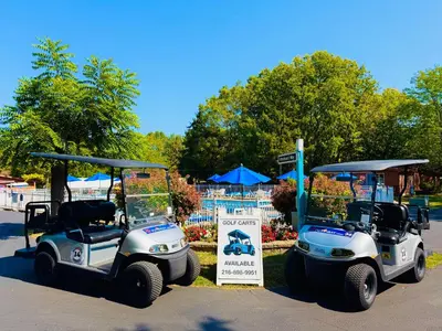 two golf carts are parked in a park at A Place at the Bay in Put-in-Bay