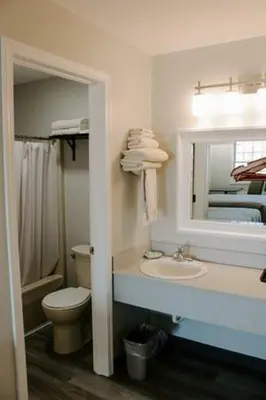 a bathroom with a toilet and a sink and a mirror at Berlin Village Inn in Berlin