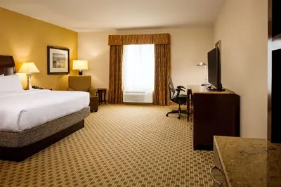 a hotel room with a bed and a desk and a television at Hilton Garden Inn Cincinnati Blue Ash in Blue Ash