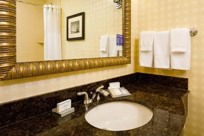 a bathroom with a sink and a mirror and towels at Hilton Garden Inn Cincinnati Blue Ash in Blue Ash