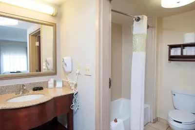 a bathroom with a sink and a toilet and a mirror at Hampton Inn & Suites Cincinnati-Union Centre in West Chester