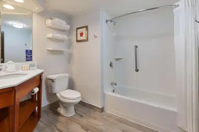 a bathroom with a toilet and a shower and a sink at Hampton Inn Columbus/Delaware I-71 North in Sunbury