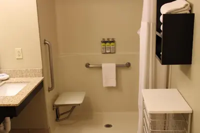 a small bathroom with a sink and a shower at Staybridge Suites Columbus-Airport by IHG in Columbus